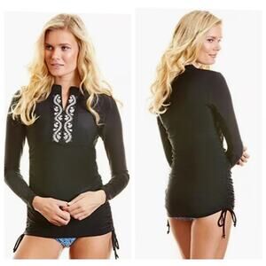 Cabana Life Womens Embroidered Ruched Rashguard Swim Shirt Suit Cover Resort NWT